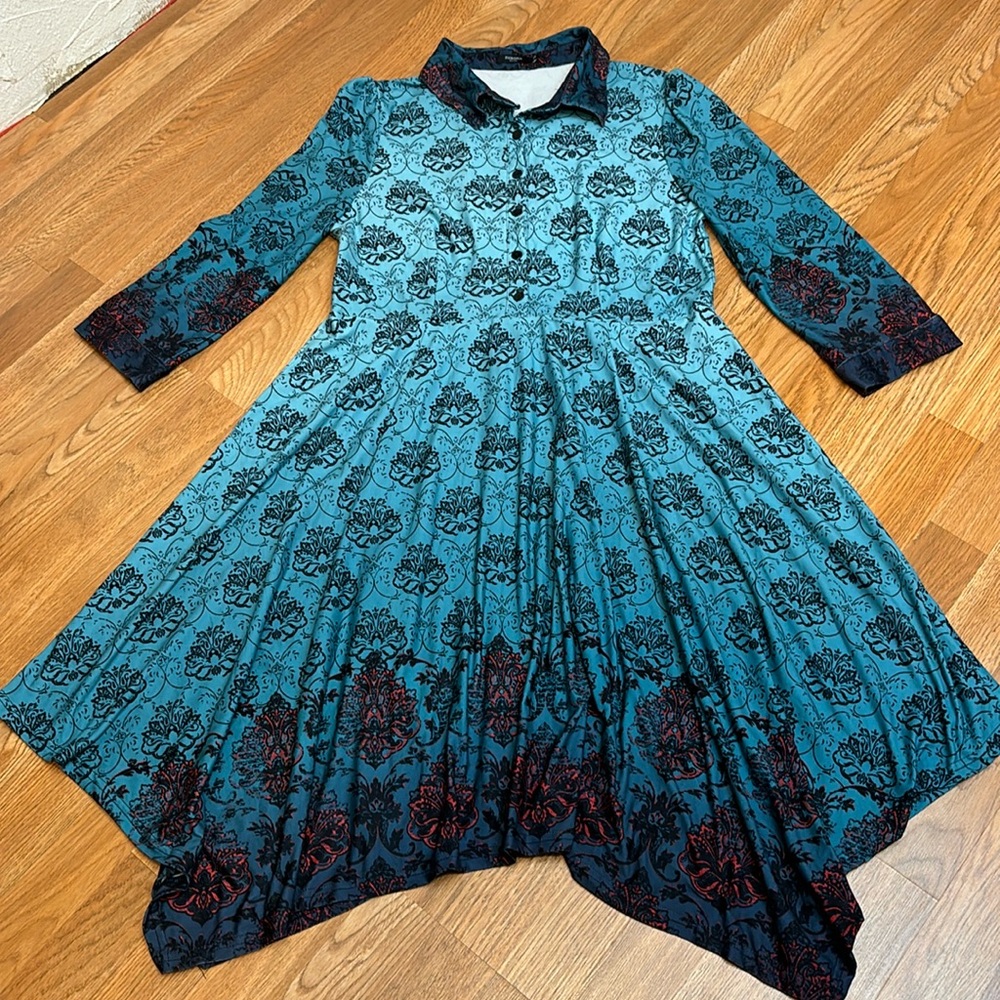 Reborn New York, 3/4 sleeve teal/black floral asymmetrical midi dress. Size XL.